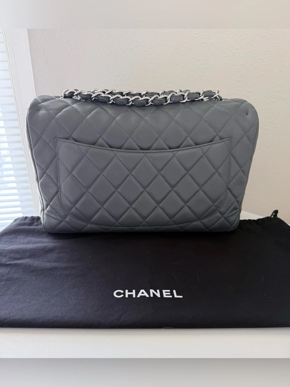 Chanel | Gray Jumbo Classic Single Flap Lambskin Shoulder Bag | Silver Tone HW